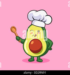 Lo chef Avocado che sorride un personaggio con un cucchiaio di legno illustrazione vettoriale Cartoon Kawaii Design Illustrazione Vettoriale