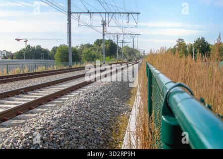 Recinzione a rete metallica su binari ferroviari per motivi di sicurezza. messa a fuoco selettiva Foto Stock