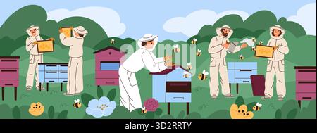 Apicoltori all'apiario. Felice apiarista in uniforme, alveari fumigati con fumatore, raccogliere favi, prendersi cura delle api, cibo dolce e sano, cartoni animati piatto Illustrazione Vettoriale