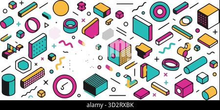 Memphis Design Geometric Shapes Collection, elementi retrò vintage alla moda con motivi mezzitoni per pubblicità, banner commerciale, poster, opuscolo Illustrazione Vettoriale