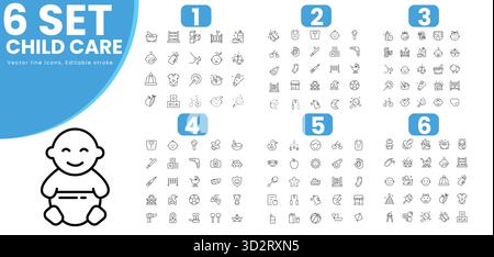Set di icone di linea relative a cura dei bambini, giornata internazionale dei bambini, diritti dei bambini, genitorialità. Raccolta icone contorno. Traccia modificabile. Illustrazione Vettoriale