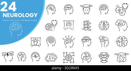 Set di 24 icone neurologiche, come Alzheimer, Parkinson, insonnia, epilessia e altro ancora. Traccia modificabile. Illustrazione Vettoriale