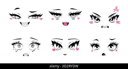Espressioni facciali dei personaggi anime impostate su sfondo bianco. Illustrazione vettoriale di carino volto femminile in stile kawaii con grandi occhi e bocca, emoji donna felice, triste, arrabbiata, spaventata e piangente Illustrazione Vettoriale