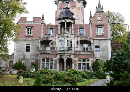 DAS Schloss Boberstein poln. Zamek Bobrow liegt im Ortsteil Bobrow Boberstein der Gemeinde Myslakowice Zillerthal-Erdmannsdorf im powiat Jeleniogorski in der Woiwodschaft Niederschlesien. DAS Anwesen liegt am linken Ufer des Bober und ist heute eine Ruine. 10.10.2025 *** il castello di Boberstein Zamek Bobrow si trova nel distretto di Bobrow Boberstein del comune di Myslakowice Zillerthal Erdmannsdorf nel Jeleniogorski Powiat nel Voivodato della bassa Slesia la tenuta è situata sulla riva sinistra del fiume Bober ed è ora una rovina 10 10 10 2025 Copyright: XMatthiasxWehnertx Foto Stock
