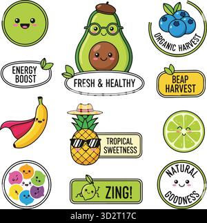Set di adesivi per frutta rétro con personaggi di cartone animato, illustrazione vintage di arancia sorridente, banana, mango e pera con badge ecologici per crusca alimentare biologica Illustrazione Vettoriale