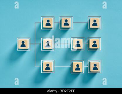I cubi di legno interconnessi simboleggiano un organigramma gerarchico, che rappresenta una rete aziendale strutturata Foto Stock