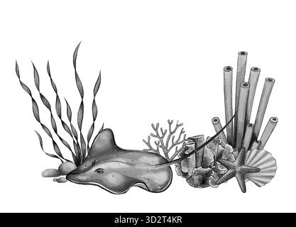 Illustrazione in bianco e nero di purea, alghe, coralli, spugne tubolari, conchiglie, e stelle marine. Composizione marina disegnata a mano su sfondo bianco per tatuaggi, poster, decorazioni o imballaggi. Foto Stock