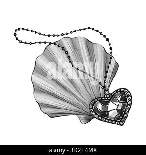 Immagine grafica in bianco e nero di una conchiglia con un ciondolo a forma di cuore su una catena. composizione marina disegnata a mano per design nautico, arte del tatuaggio, imballaggio, poster o progetti a tema gioielleria. Foto Stock