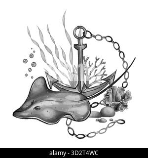 Illustrazione in bianco e nero dell'ancora con catena, pastinaca, corallo, pietre e alghe. Composizione marina disegnata a mano su sfondo bianco per poster nautici, arte del tatuaggio, decorazioni o design di packaging. Foto Stock