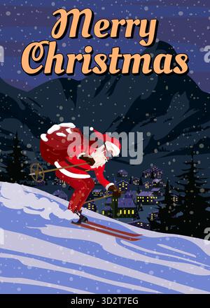 Buon Natale poster Babbo Natale sciare sulle montagne della neve Illustrazione Vettoriale