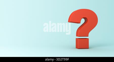 Grande punto interrogativo rosso isolato su sfondo di colore pastello azzurro con spazio di copia vuoto e ombreggiato rendering 3D concettuale minimo Foto Stock