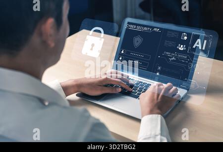 Un dashboard di sicurezza informatica basato sull'intelligenza artificiale per la difesa dei dati informatici. Il sistema include un portale di accesso sicuro e fornisce protezione e monitoraggio avanzati Foto Stock
