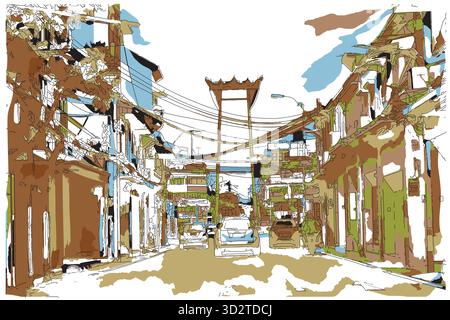 Dipinto impressionista in stile sketch, Giant Swing, un'ex struttura religiosa nel mezzo della città vecchia di Bangkok, immagine vettoriale di illustrazione digitale Illustrazione Vettoriale