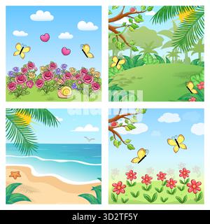 Insieme di paesaggi. Simpatiche illustrazioni vettoriali di cartoni animati della natura. Illustrazione Vettoriale