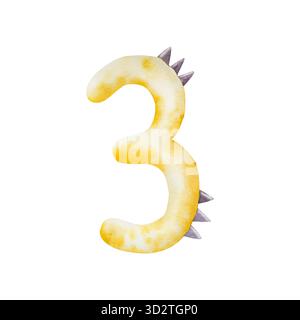 Carino dinosauro numero tre. Acquerello illustrazione preistorica disegnata a mano per biglietto d'invito e poster della nursery. Schizzo su sfondo trasparente Foto Stock