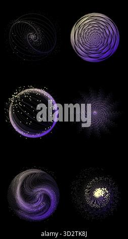 Sfere circolari di movimento delle particelle con gradienti viola brillante e giallo su nero Illustrazione Vettoriale