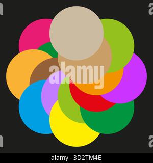 Strati circolari colorati. Sovrapposizione di forme astratte. Sfondo luminoso e vivace. Elemento geometria vettoriale. EPS 10. Illustrazione Vettoriale