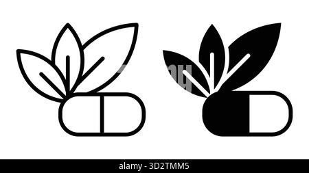 Questa immagine presenta semplici illustrazioni a linee di una pillola circondata da foglie, simboleggiando il legame tra natura e salute, ideale per il benessere Illustrazione Vettoriale