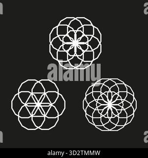 Imposta geometria sacra. Motivi lineari bianchi. Forme complesse astratte. Simboli di fiori vettoriali. EPS 10. Illustrazione Vettoriale