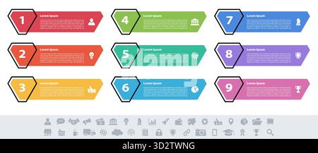 Infografico business design concept illustrazione vettoriale con 9 opzioni o le fasi o processi rappresentano il flusso di lavoro o schema o il pulsante web banner Illustrazione Vettoriale