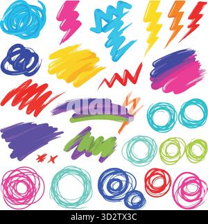 Collezione di elementi da schizzo disegnati a mano: Tratti di pennello per marcatore di texture ruvida, strisce di scrittura Crayon, linee di trattini vettoriali, battute e sottolineature f Illustrazione Vettoriale