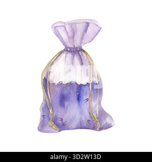 Sacchetto con cordoncino viola con illustrazione ad acquerello di fiori asciutti di lavanda. Bustina aromatica per la casa disegnata a mano con erbe archiviate, fermaglio stile cottage core per Foto Stock