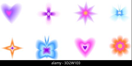 Sfumatura aura sfocatura fiori vivaci contro in y2k. Cuori e farfalle con gradazioni cromatiche consistenza. Tonalità morbide e audaci per un'atmosfera futuristica. Flor viola Illustrazione Vettoriale
