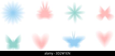 Icone di fiori e farfalla pastello Y2K con effetto sfumato sfocato. Texture aura forme floreali e simboli di insetti. Gradazione blu, verde e rosa impostata. Illustrazione Vettoriale
