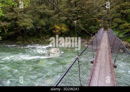 Un ponte sospeso su un fiume sul Lake Marian Track nel Fiordland National Park, nuova Zelanda Foto Stock