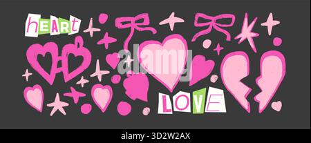 Set di matite in cera Love Elements. Cuore spezzato, ciondolo, fiocco e stelle adesivi di gesso rosa. Hearts e bowknot per valentine, lavorate sul nero Illustrazione Vettoriale