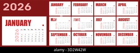 Anno civile 2026. calendario vettoriale. Calendario su sfondo bianco per le aziende. Illustrazione Vettoriale