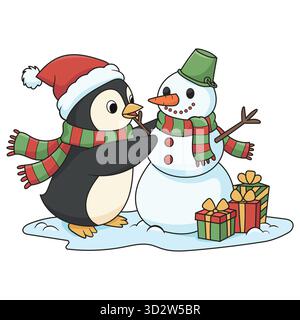Simpatico pinguino che fa pupazzo di neve con regali di Natale illustrazione vettoriale per bambini Illustrazione Vettoriale