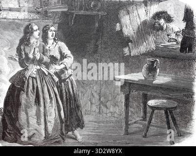 Zwei junge Frauen sind erschrocken, weil durch das Fenster ein Mann mit einem Wolf hereinschaut, 1875, digital verbesserte Reproduktion von einer Vorl Foto Stock