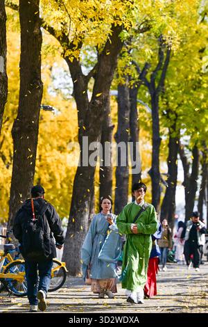 Pechino, Cina. 3 novembre 2025. La gente cammina per la strada di Pechino, capitale della Cina, 3 novembre 2025. Crediti: Chen Yehua/Xinhua/Alamy Live News Foto Stock
