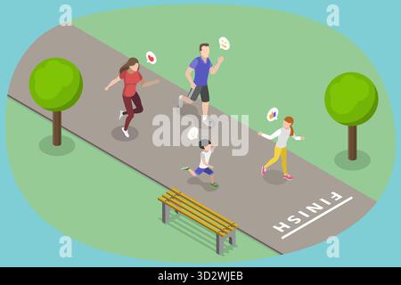 Illustrazione piatta isometrica 3D di Family Run, Happy Family on a jogging Foto Stock