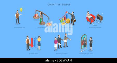 Illustrazione concettuale piatta isometrica 3D dei pregiudizi cognitivi, processo di percezione per interpretare le informazioni illustrazione concettuale piatta isometrica 3D dei pregiudizi cognitivi, processo di percezione per interpretare le informazioni Foto Stock
