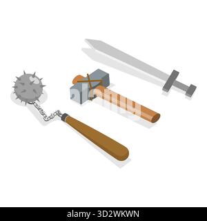 Set piatto isometrico 3D di Vikings Simbols, Scandinavian Warriors Equipment. Punto 4 Foto Stock