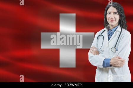 Medicina svizzera e concetto di assistenza sanitaria. Primo piano del medico sullo sfondo della bandiera svizzera Foto Stock