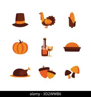 Set di icone piatte del Ringraziamento con cappello da pellegrino, tacchino, zucca, torta, vino, mais, ghiande e funghi isolati su bianco. Illustrazione Vettoriale