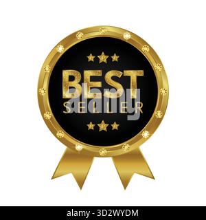 Medaglia d'oro BEST seller con stelle del nastro e cornice diamantata. Illustrazione Vettoriale