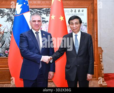 Pechino, Cina. 3 novembre 2025. Wang Huning, presidente del Comitato Nazionale della Conferenza consultiva politica del popolo cinese (CPPCC), incontra Marko Lotric, presidente del Consiglio Nazionale della Slovenia, a Pechino, capitale della Cina, il 3 novembre 2025. Crediti: Rao Aimin/Xinhua/Alamy Live News Foto Stock