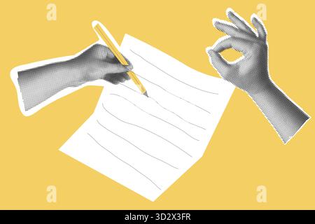 Analisi dei problemi relativi al segno ok dello sfondo giallo della mano di collage dei mezzitoni. Grafico delle statistiche del mercato azionario. Grafico dei dati aziendali finanziari. Trovare la soluzione o la risposta alla causa o all'incidente. Illustrazione vettoriale Illustrazione Vettoriale