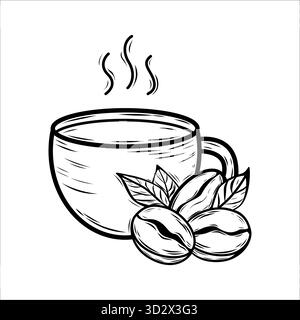 Design minimalista di una tazza di caffè fumante con chicchi freschi. Design con contorno nero disegnato a mano, perfetto per i loghi di caffè artigianali, marchio del caffè speciale, menu e confezioni. Illustrazione Vettoriale