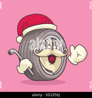 Moderno cartone animato isolato di una chiave combinata che indossa un cappello di Babbo Natale, barba bianca e baffi mentre sventolano. Perfetto per i temi natalizi meccanici, Illustrazione Vettoriale