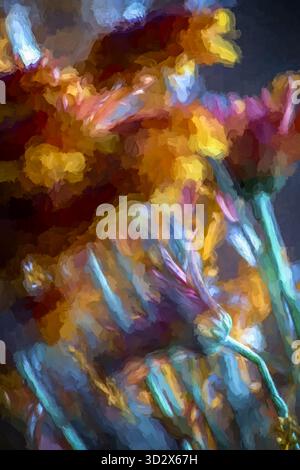 Un radioso dipinto astratto ispirato all'essenza dei fiori in fiore, dove colpi di giallo, magenta e blu si intrecciano in una danza di luce e. Foto Stock