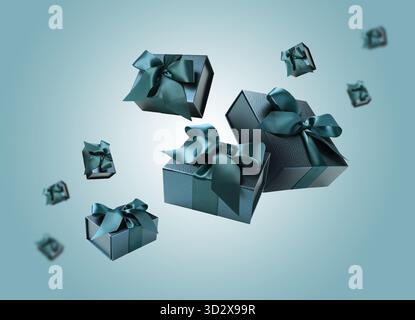 Scatole regalo che volano in aria su sfondo blu pastello sfumato Foto Stock