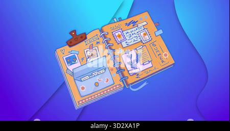 Notebook con rilegatura a spirale su sfondo sfumato, che mostra foto Polaroid, nastri washi e francobolli Foto Stock