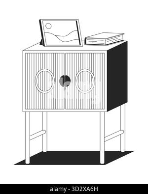 Elegante comodino in legno con cornice fotografica e oggetto linea 2D. Illustrazione Vettoriale