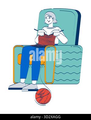 Donna anziana che si rilassa e lavora a maglia in un personaggio doodle 2D. Illustrazione Vettoriale