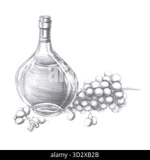 Bottiglia di cognac e un grande mazzo di uva a matita. Illustrazione isolata sul tema delle bevande alcoliche per la progettazione del menu, ricettario, gastronomico Foto Stock